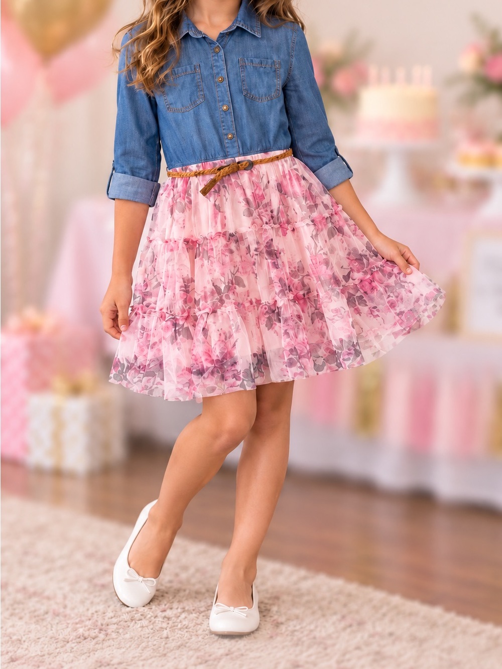Pink & Violet Girls Size 10 Denim Floral Tulle Dress Belted